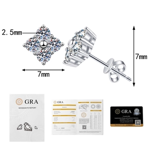Detail of Moissanite flower studs with GRA certification and 7mm size measurements