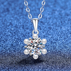 Snowflake Moissanite Necklace 925 Sterling Silver With Artificial Pearl Accent Elegant Winter Pendant For Women Jewelry