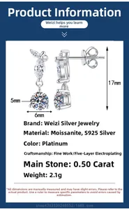 Detailed specifications of pear-cut moissanite drop earrings in S925 sterling silver