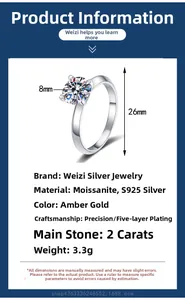 Detail view of 2ct Moissanite ring dimensions and S925 sterling silver specifications