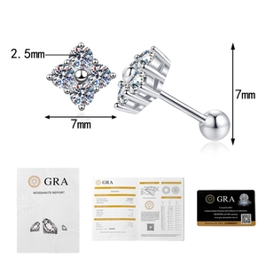 Detail view of four-leaf clover moissanite earrings with GRA professional certification