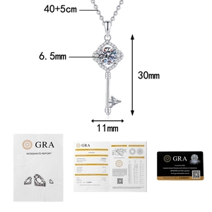 Detail of S925 silver clover key necklace with 6.5mm moissanite and GRA certificate