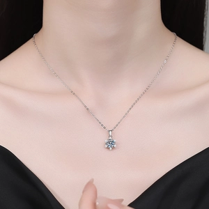 S925 sterling silver snowflake pendant necklace with moissanite and pearls on a model