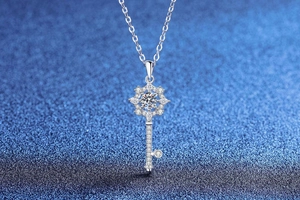 Detailed view of S925 silver starburst key pendant with sparkling moissanite stones