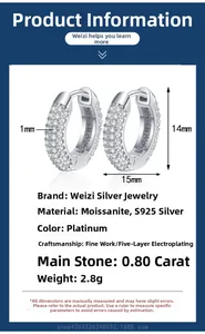 Detailed specs of S925 silver moissanite hoop earrings with dimensions 15mm by 14mm