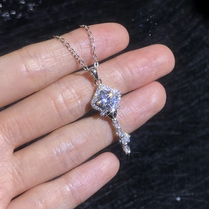 S925 sterling silver crown key necklace with Moissanite pendant on a delicate chain