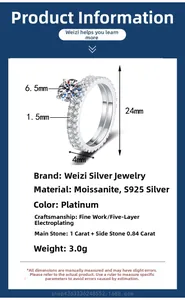 Detailed specs of S925 silver 1ct Moissanite ring set with dimensions and material info