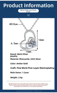Detailed size specifications for heart pendant necklace with 1ct moissanite and S925 silver