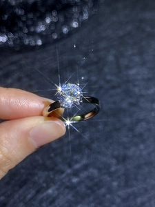 Macro view of a classic six-prong moissanite ring with a brilliant round-cut center stone