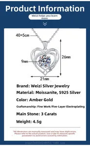 Detailed view of heart-shaped 925 silver pendant with 3-carat moissanite stone
