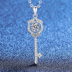 925 Sterling Silver Moissanite Key Pendant Necklace Crown Heart Design Rhinestone Chain Necklaces For Women Fine Jewelry