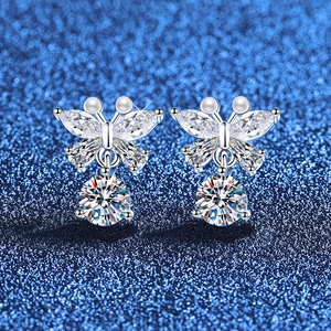 Boucles D'oreilles Papillon En Argent Sterling 925 Moissanite Taille Ronde Goutte Künstliche Perles Délicates Pour Femmes Bijoux