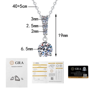 Detail of S925 sterling silver moissanite pendant with dimensions and GRA certification card