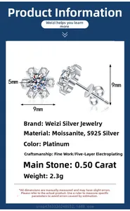 Detailed specs of S925 silver snowflake moissanite earrings showing 9mm dimensions