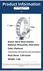 Spécifications détaillées de la bague en argent S925 et moissanite avec dimensions