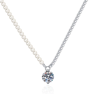 Elegant S925 silver necklace featuring a pearl strand and a sparkling moissanite tennis chain