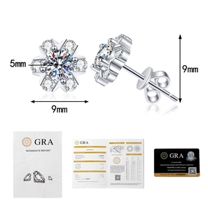 Detailed view of S925 moissanite snowflake earrings with 1ct GRA certification report