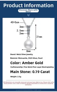 Détail des dimensions du collier en argent S925 avec perle et moissanite brillante