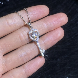 925 silver moissanite key pendant necklace with sparkling heart-shaped head and chain
