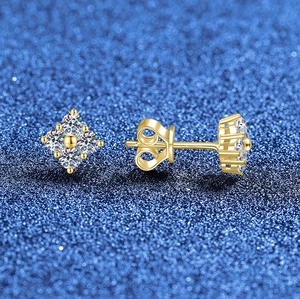 S925 sterling silver gold four-leaf clover moissanite stud earrings with butterfly backings