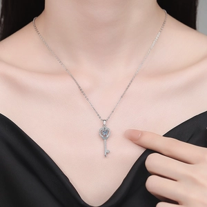 925 Sterling Silver Heart Key Pendant Necklace with Moissanite on Model