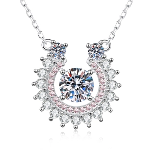 S925 sterling silver horseshoe pendant necklace with sparkling moissanite and pink gems