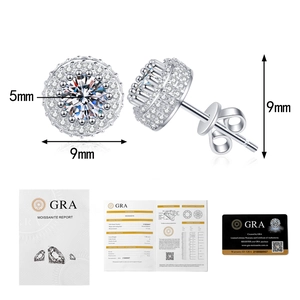 Detail view of S925 silver moissanite earrings with 5mm stone and GRA certification card