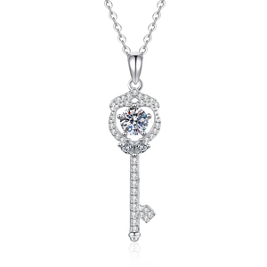 Elegant 925 sterling silver key pendant necklace with a sparkling heart-shaped moissanite