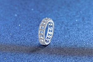 Vue macro d'une bague en argent s925 avec double rangée de moissanite en micro-pavage