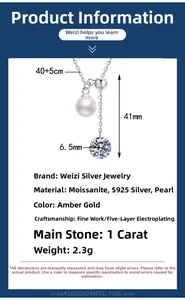 Detailed dimensions of S925 silver necklace with 1ct moissanite and pearl pendant