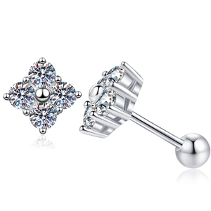 Sparkling S925 silver clover stud earrings with clear moissanite stones and screw backs