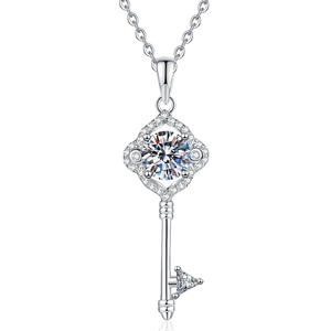 S925 sterling silver clover key necklace with moissanite pendant on a white background