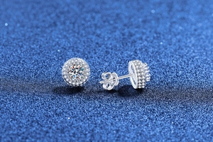 Macro detail of S925 sterling silver moissanite stud earrings with double halo setting