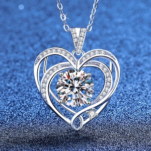 925 Sterling Silver Heart Pendant Necklace Moissanite Rhinestone Inlaid Romantic Jewelry Gift For Women Silver Plated Chain