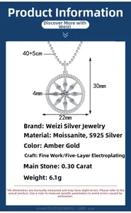 Detailed S925 silver compass necklace specs showing a 22mm by 30mm pendant with moissanite