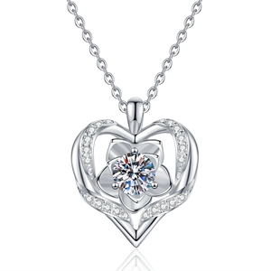 Collier en argent sterling S925 avec pendentif cœur et rose serti de moissanite