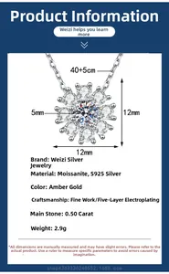 Detailed specs of s925 silver moissanite sunflower necklace with 12mm pendant dimensions