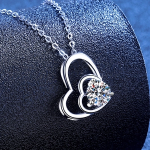 Elegant S925 sterling silver double heart pendant necklace with moissanite gemstone