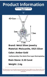 Detailed spec sheet showing S925 silver flower necklace with 0.5ct moissanite stone