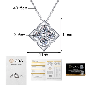Moissanite four-leaf clover necklace with size dimensions and GRA certification card
