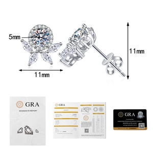 Detailed view of 5mm Moissanite flower earrings with official GRA certification cards
