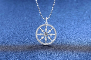 Detailed view of S925 sterling silver compass pendant necklace with sparkling moissanite