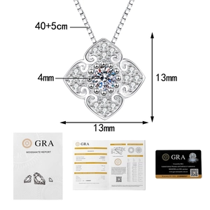 Detailed view of moissanite flower necklace with GRA certificates and size dimensions