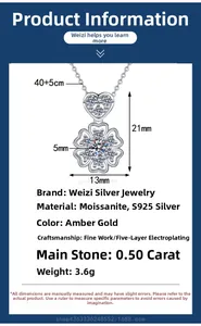 Detail showing dimensions of S925 sterling silver heart and clover moissanite pendant