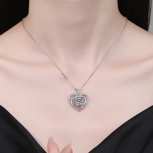 3 carat heart-shaped moissanite pendant necklace in 925 sterling silver worn by model