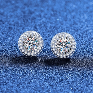 Elegant S925 sterling silver halo stud earrings with round moissanite in brilliant cut