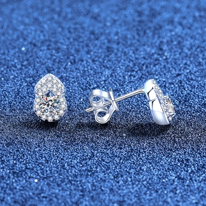 Gourd-shaped moissanite stud earrings in sterling silver with brilliant halo setting