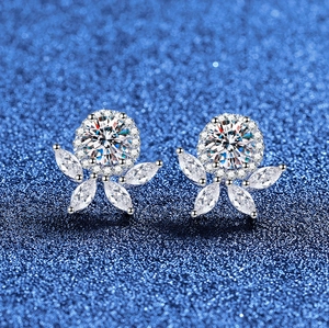925 Sterling Silver Moissanite Flower Stud Earrings For Women Elegant Floral Inlaid Rhinestone Jewelry For Daily Dating Gift