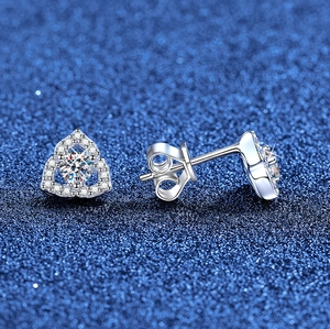 Elegant S925 sterling silver moissanite stud earrings featuring a triangular halo design