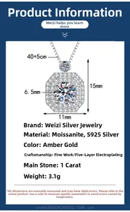 Détail du collier en argent S925 Moissanite montrant la pierre d'un carat et les dimensions